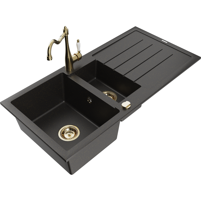 Mexen Andres Granitspüle 1,5-Kammern mit Abtropffläche und Küchenarmatur Carla, Schwarz/Gold Metallic - 6515-75-670700-50