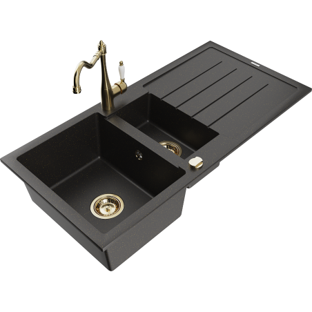 Mexen Andres Granitspüle 1,5-Becken mit Abtropffläche und Küchenarmatur Carla, schwarz/goldenes Metallic - 6515-75-670700-50