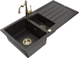 Mexen Andres Granitspüle 1,5-Kammern mit Abtropffläche und Küchenarmatur Carla, Schwarz/Gold Metallic - 6515-75-670700-50