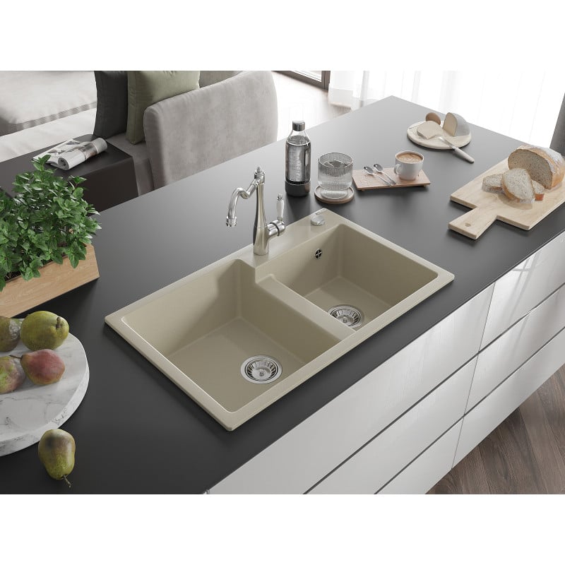 Mexen Tomas Granitspüle 2-Kammer mit Küchenarmatur Carla, Beige - 6516-69-670700-00