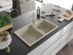 Mexen Tomas Granit-Spülbecken 2-Kammern mit Küchenarmatur Carla, beige - 6516-69-670700-00