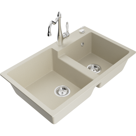 Mexen Tomas Granitspüle 2-Kammer mit Küchenarmatur Carla, Beige - 6516-69-670700-00
