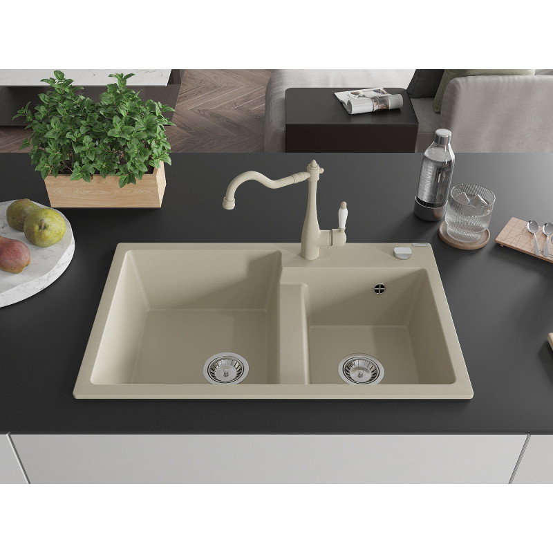 Mexen Tomas granitspüle 2-becken mit küchenarmatur Carla, beige - 6516-69-670700-69