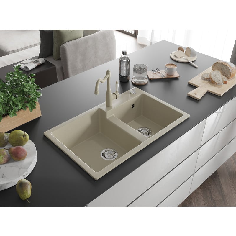 Mexen Tomas Granitspüle 2-seitig mit Küchenarmatur Carla, beige - 6516-69-670700-69