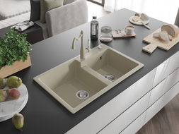 Mexen Tomas 2-Kammer-Granitspüle mit Küchenarmatur Carla, beige - 6516-69-670700-69