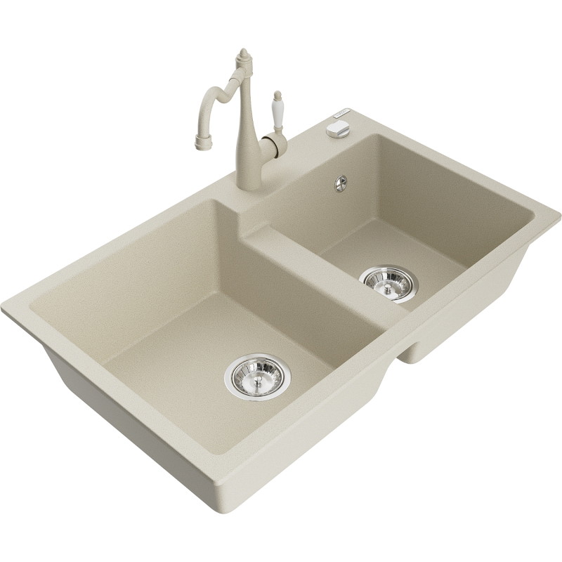 Mexen Tomas 2-Kammer-Granitspüle mit Küchenarmatur Carla, beige - 6516-69-670700-69