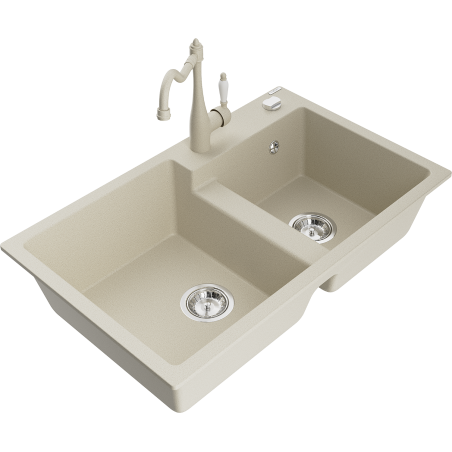 Mexen Tomas Granitspüle 2-seitig mit Küchenarmatur Carla, beige - 6516-69-670700-69