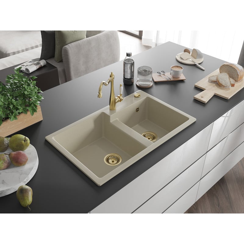 Mexen Tomas Granitspüle 2-Becken mit Küchenarmatur Carla, beige - 6516-69-670700-50