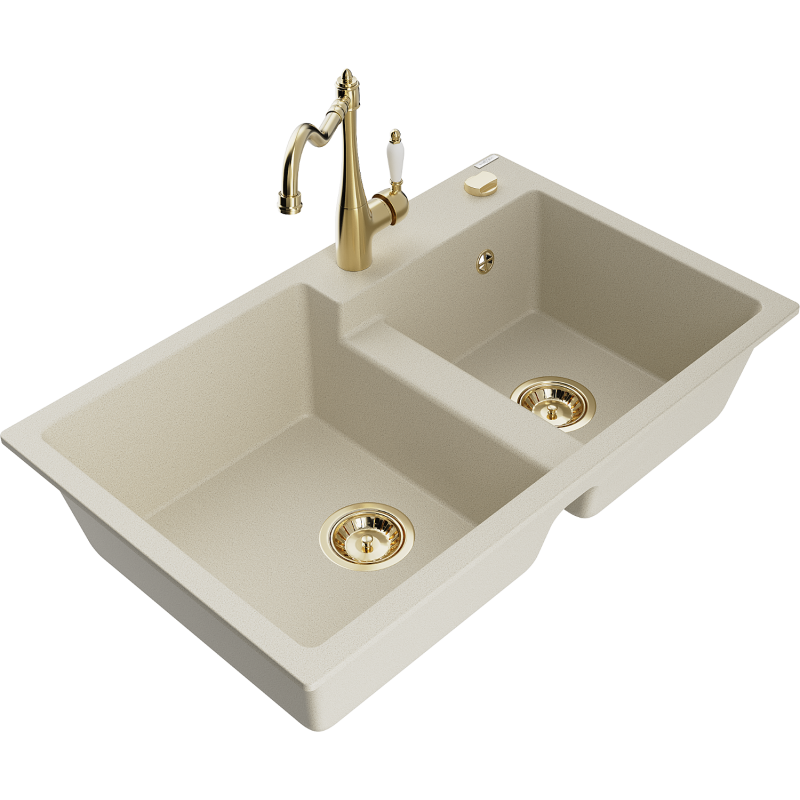 Mexen Tomas Granitspüle 2-Becken mit Küchenarmatur Carla, beige - 6516-69-670700-50