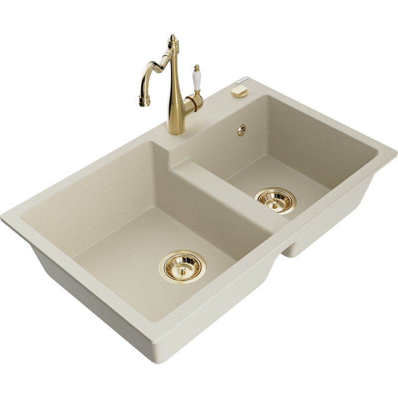 Mexen Tomas granitspüle 2-Schüssel mit Küchenarmatur Carla, beige - 6516-69-670700-50