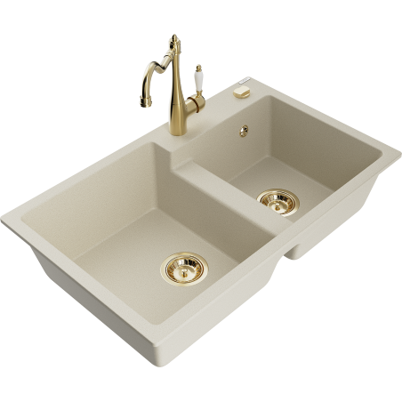 Mexen Tomas Granitspüle 2-Becken mit Küchenarmatur Carla, beige - 6516-69-670700-50