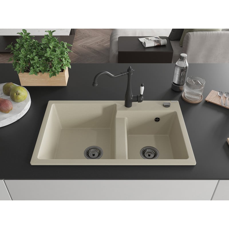 Mexen Tomas Granitspüle 2-Kammer mit Küchenarmatur Carla, beige - 6516-69-670700-70