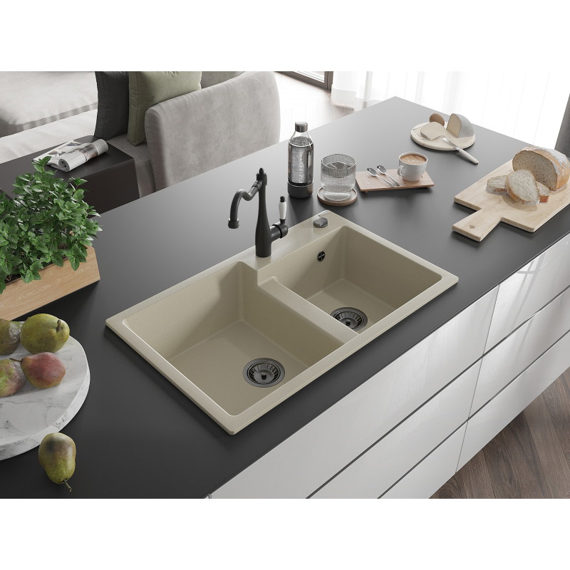 Mexen Tomas 2-Kammer Granitspüle mit Küchenarmatur Carla, beige - 6516-69-670700-70