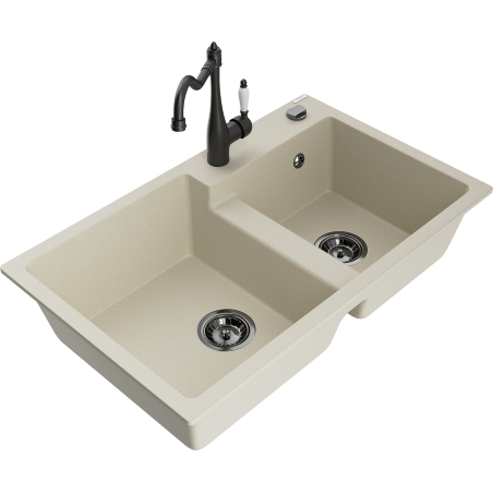 Mexen Tomas Granitspüle 2-Kammer mit Küchenarmatur Carla, beige - 6516-69-670700-70