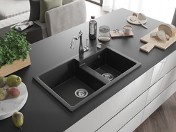 Mexen Tomas Granitspüle 2-Kammer mit Küchenarmatur Carla, schwarz/silber metallic - 6516-73-670700-00