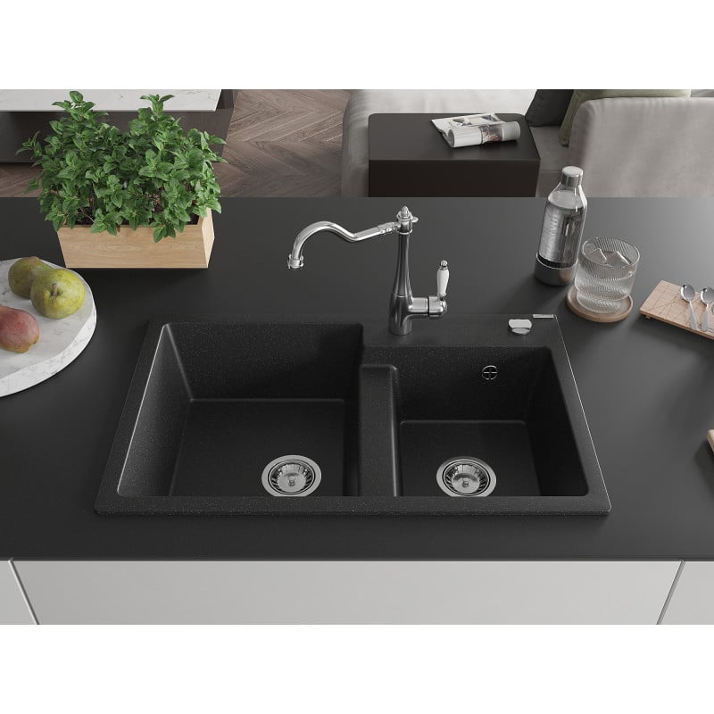 Mexen Tomas Granitspüle 2-Kammer mit Küchenarmatur Carla, schwarz/silber metallic - 6516-73-670700-00