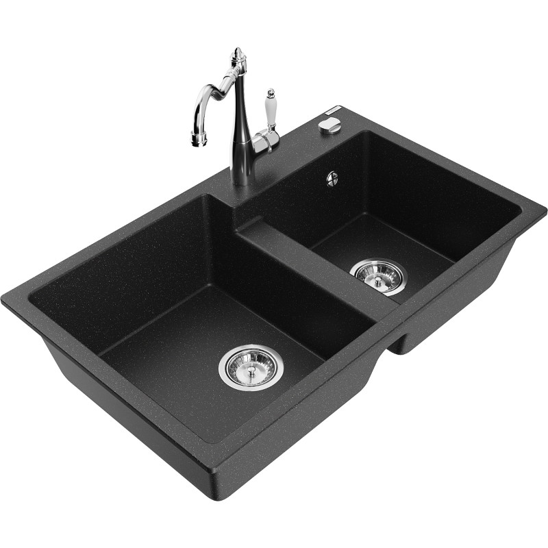 Mexen Tomas Granitspüle, 2-Becken mit Küchenarmatur Carla, schwarz/silber-metallic - 6516-73-670700-00