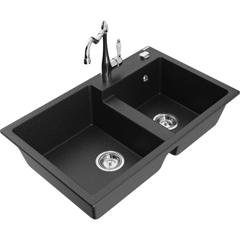Mexen Tomas Granitspüle 2-Kammer mit Küchenarmatur Carla, schwarz/silber metallic - 6516-73-670700-00