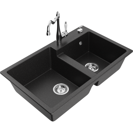 Mexen Tomas Granitspüle 2-Kammer mit Küchenarmatur Carla, schwarz/silber metallic - 6516-73-670700-00