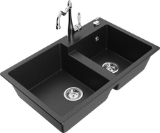 Mexen Tomas Granitspüle 2-Kammer mit Küchenarmatur Carla, schwarz/silber metallic - 6516-73-670700-00