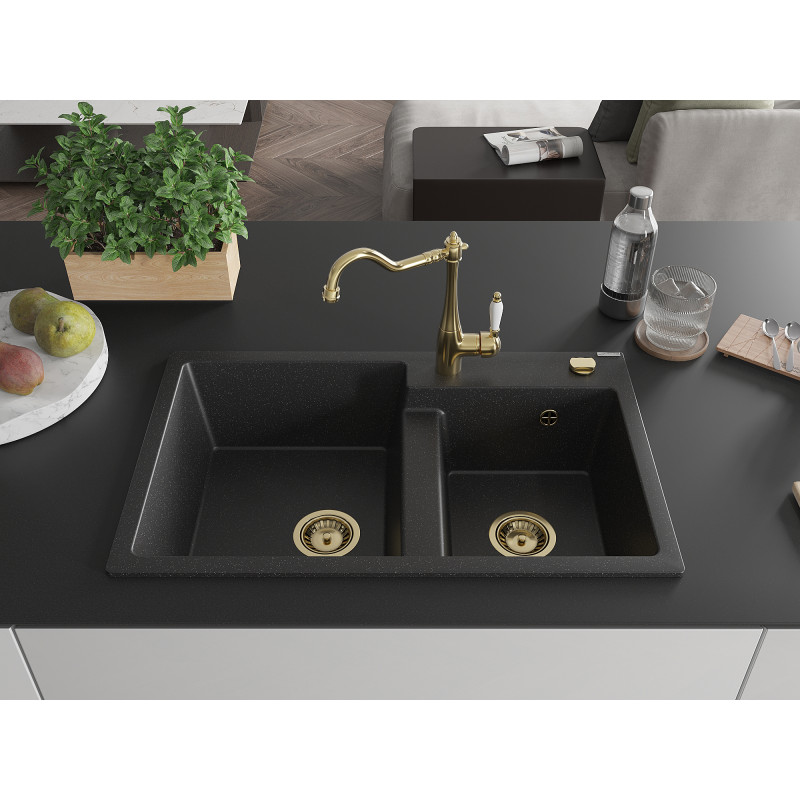 Mexen Tomas Granitspüle 2-Kammer mit Küchenarmatur Carla, schwarz/silber metallic - 6516-73-670700-50