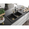 Mexen Tomas Granitspüle 2-Kammer mit Küchenarmatur Carla, schwarz/silber metallic - 6516-73-670700-50