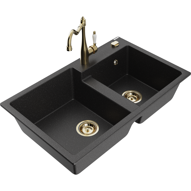 Mexen Tomas Granitspüle 2-Kammer mit Küchenarmatur Carla, schwarz/silber metallic - 6516-73-670700-50