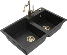 Mexen Tomas Granitspüle 2-Kammer mit Küchenarmatur Carla, schwarz/silber metallic - 6516-73-670700-50