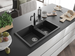 Mexen Tomas Granitspüle 2-Kammer mit Küchenarmatur Carla, schwarz/silberner Metallic - 6516-73-670700-70