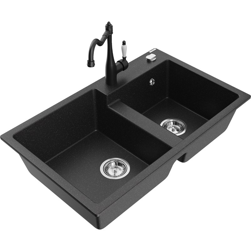 Mexen Tomas Granitspüle 2-Kammer mit Küchenarmatur Carla, schwarz/silberner Metallic - 6516-73-670700-70