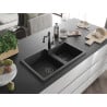 Mexen Tomas Granitspüle 2-Kammern mit Küchenarmatur Carla, schwarz/silber metallic - 6516-73-670700-70-B