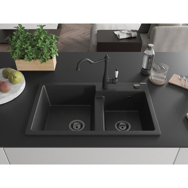 Mexen Tomas Granit-Spüle 2-Kammer mit Küchenarmatur Carla, Schwarz/Silber Metallic - 6516-73-670700-70-B