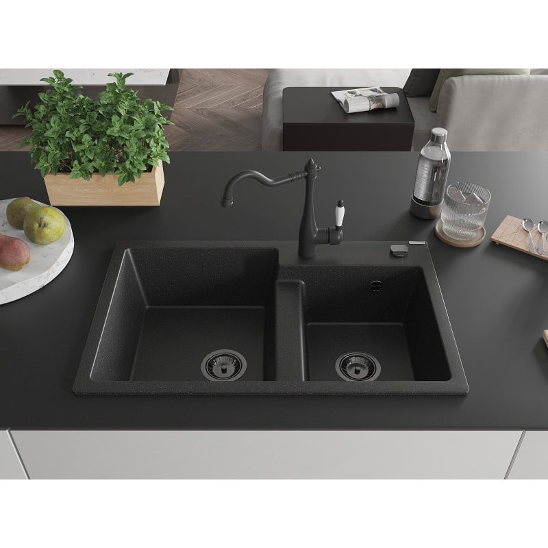 Mexen Tomas Granitspüle 2-Kammern mit Küchenarmatur Carla, schwarz/silber metallic - 6516-73-670700-70-B