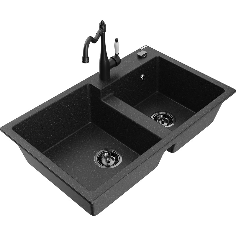 Mexen Tomas Granit-Spüle 2-Kammer mit Küchenarmatur Carla, Schwarz/Silber Metallic - 6516-73-670700-70-B