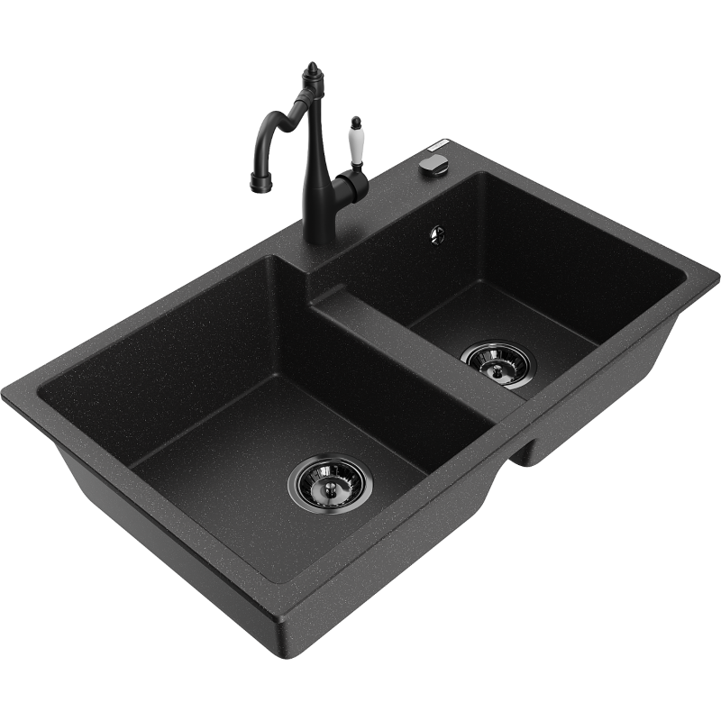 Mexen Tomas Granitspüle 2-Kammern mit Küchenarmatur Carla, schwarz/silber metallic - 6516-73-670700-70-B