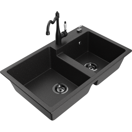 Mexen Tomas Granit-Spüle 2-Kammer mit Küchenarmatur Carla, Schwarz/Silber Metallic - 6516-73-670700-70-B