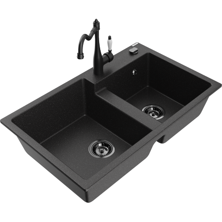 Mexen Tomas Granitspüle 2-Kammern mit Küchenarmatur Carla, schwarz/silber metallic - 6516-73-670700-70-B