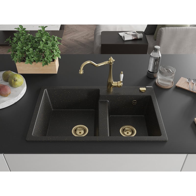 Mexen Tomas Granitspüle 2-Kammer mit Küchenarmatur Carla, schwarz/goldener Metallic - 6516-75-670700-50