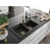 Mexen Tomas Granitspüle 2-Kammer mit Küchenarmatur Carla, schwarz/goldener Metallic - 6516-75-670700-50