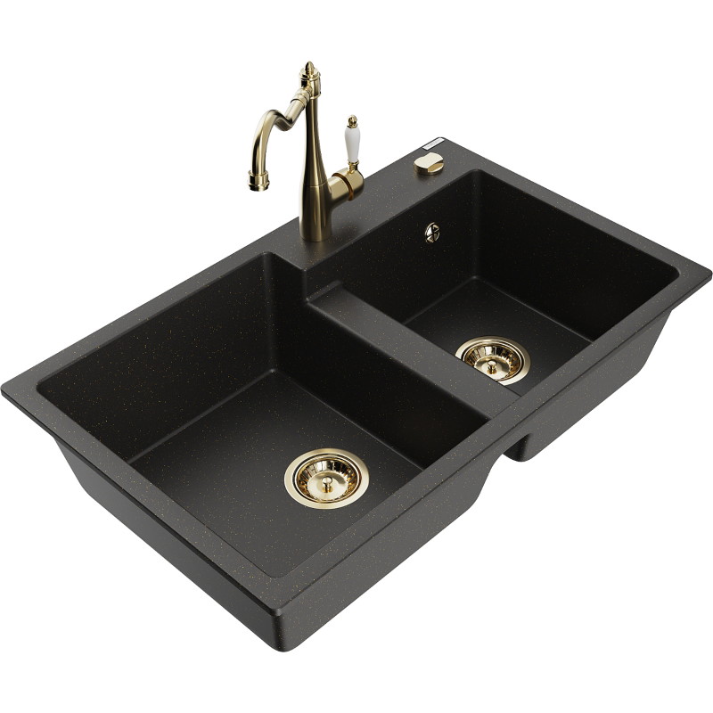 Mexen Tomas Granit-Doppelspülbecken mit Küchenarmatur Carla, schwarz/goldener Metallic - 6516-75-670700-50