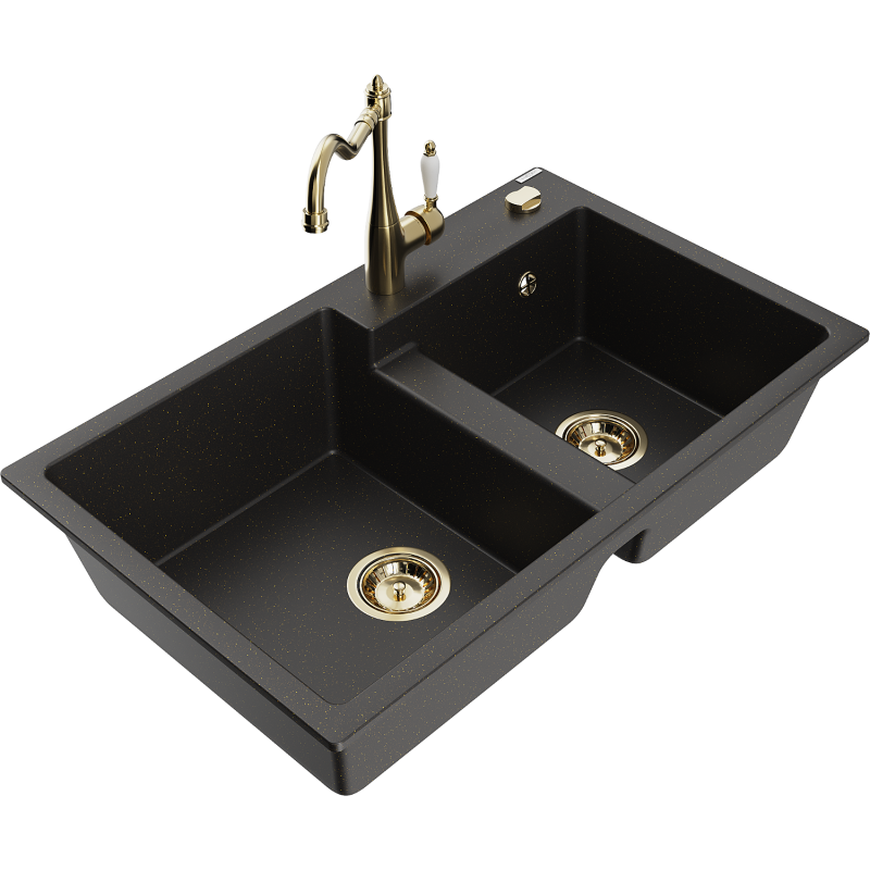 Mexen Tomas Granitspüle 2-Kammer mit Küchenarmatur Carla, schwarz/goldener Metallic - 6516-75-670700-50