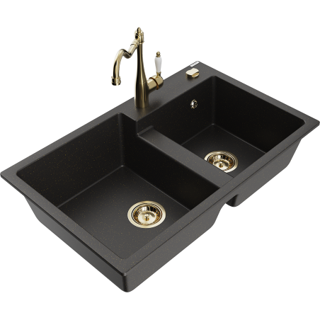 Mexen Tomas Granit-Doppelspülbecken mit Küchenarmatur Carla, schwarz/goldener Metallic - 6516-75-670700-50