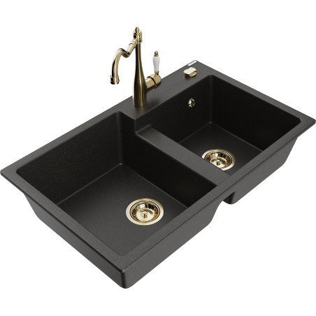 Mexen Tomas Granitspüle 2-Kammer mit Küchenarmatur Carla, schwarz/goldener Metallic - 6516-75-670700-50