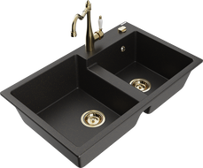 Mexen Tomas Granitspüle 2-Kammer mit Küchenarmatur Carla, schwarz/goldener Metallic - 6516-75-670700-50