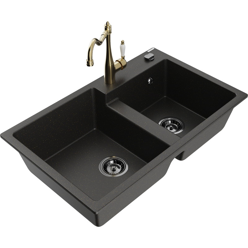 Mexen Tomas Granitspüle 2-Kammer mit Küchenarmatur Carla, schwarz/gold metallic - 6516-75-670700-50-B