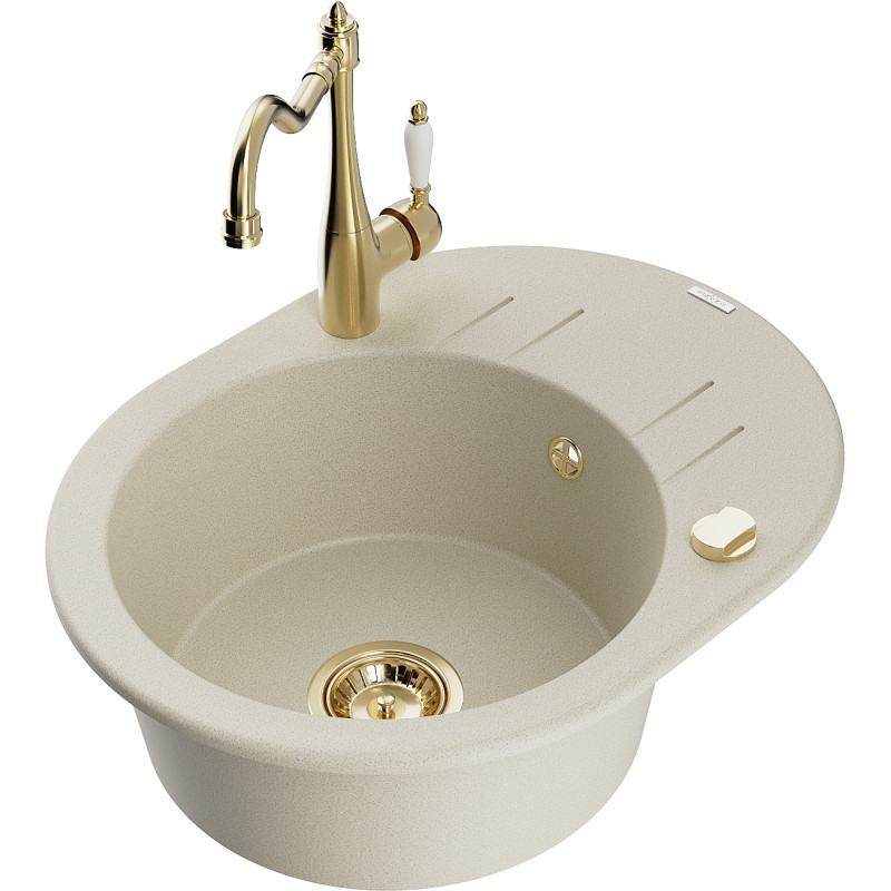 Mexen Kevin Granitspüle 1-beckig mit Abtropffläche und Küchenarmatur Carla, beige - 6517-69-670700-50