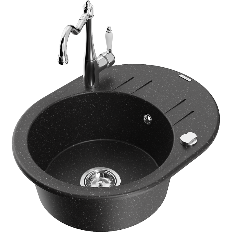 Mexen Kevin Granitspüle 1-Becken mit Abtropffläche und Küchenarmatur Carla, schwarz/silber Metallic - 6517-73-670700-00