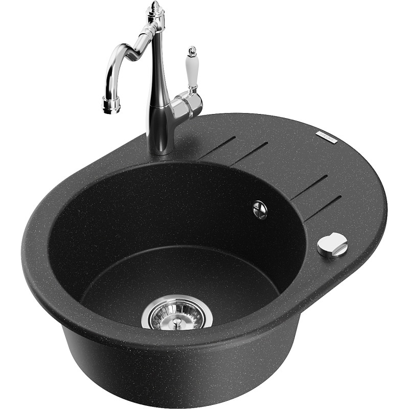 Mexen Kevin Granitspüle 1-beckig mit Abtropffläche und Küchenarmatur Carla, schwarz/silber metallic - 6517-73-670700-00