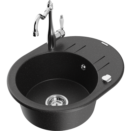 Mexen Kevin Granitspüle 1-Becken mit Abtropffläche und Küchenarmatur Carla, schwarz/silber Metallic - 6517-73-670700-00