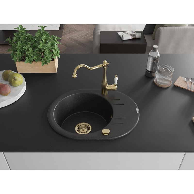 Mexen Kevin Granitspüle mit 1 Becken und Abtropffläche sowie Küchenarmatur Carla, schwarz/silber metallik - 6517-73-670700-50